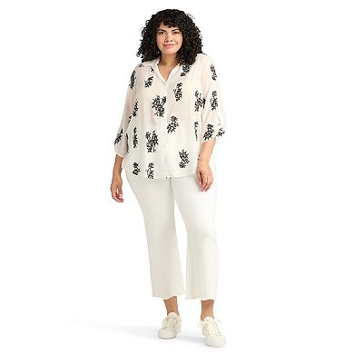 Plus Size AB Studio Embroidered Button Front Tie-Front Top
