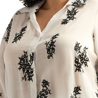 Plus Size AB Studio Embroidered Button Front Tie-Front Top