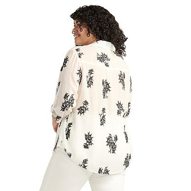 Plus Size AB Studio Embroidered Button Front Tie-Front Top