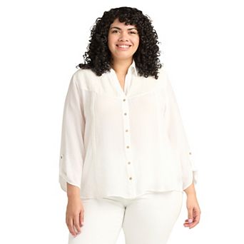 Plus Size AB Studio Tie-Front Lace Yoke Top