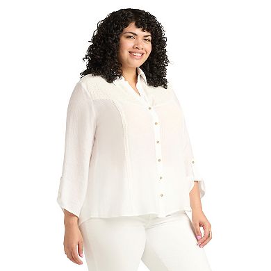 Plus Size AB Studio Tie-Front Lace Yoke Top