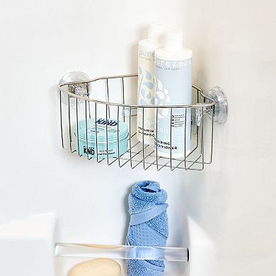 iDesign Power Lock Suction Stainless Steel Corner Shower Basket