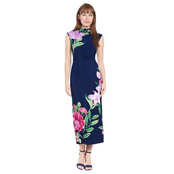 Petite London Times Floral Print Mock Neck Ruched Shoulder Maxi Dress