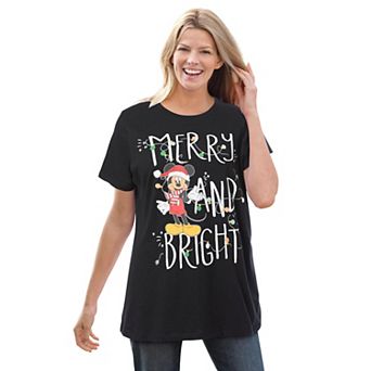Ellos Women's Plus Size Disney Black Mickey Merry & Bright Tee