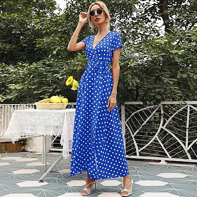 Women's Summer Wrap Maxi Dress Casual Polka Dot V Neck Short Sleeve Split Beach Long Dresses