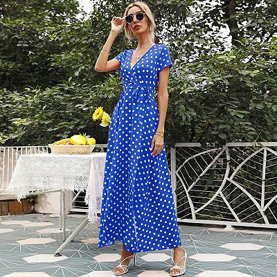 Women's Summer Wrap Maxi Dress Casual Polka Dot V Neck Short