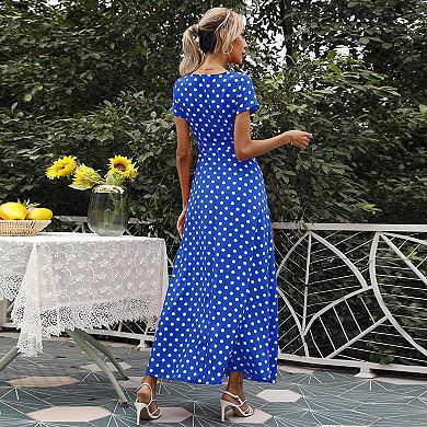 Women's Summer Wrap Maxi Dress Casual Polka Dot V Neck Short Sleeve Split Beach Long Dresses