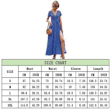 Women's Summer Wrap Maxi Dress Casual Polka Dot V Neck Short Sleeve Split Beach Long Dresses