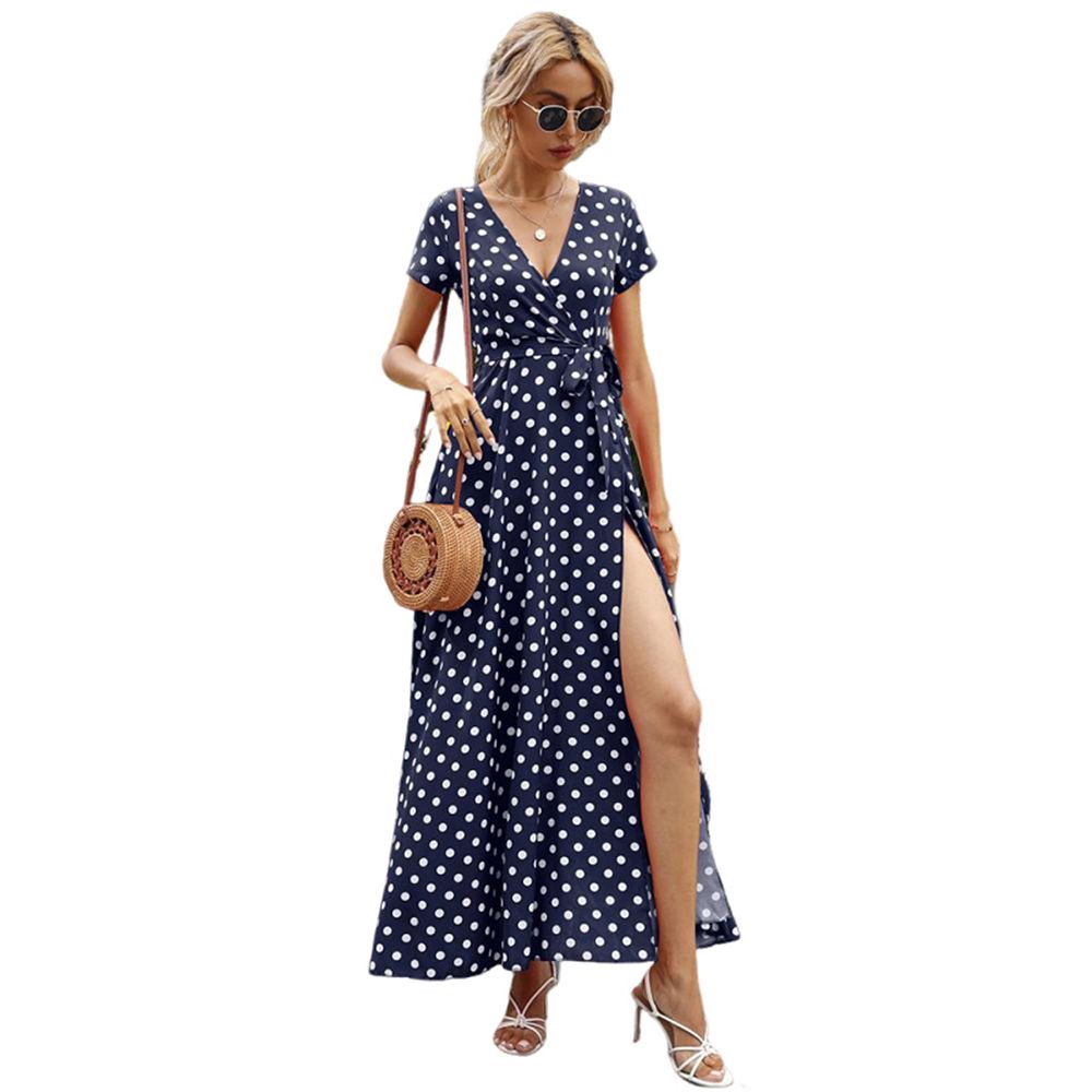 Women's Summer Wrap Maxi Dress Casual Polka Dot V Neck Short