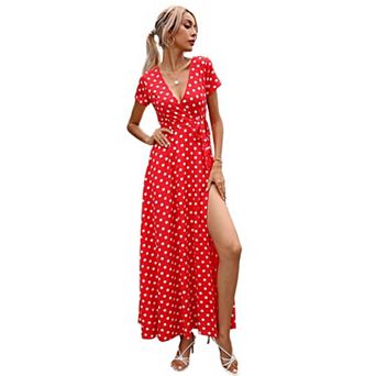 Women's Summer Wrap Maxi Dress Casual Polka Dot V Neck Short Sleeve Split Beach Long Dresses