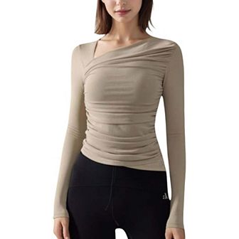 Women's One-Shoulder Long Sleeve Top with Ruched Front Detail