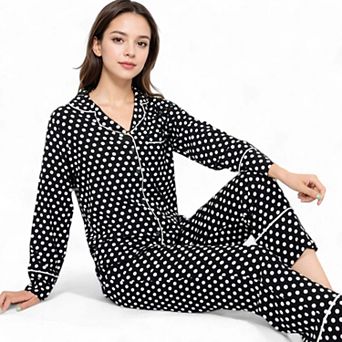 Women's Polka Dot Long Sleeve Pajama Set with Button-Up Top and Drawstring Pants
