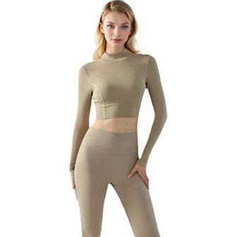 Women's Long Sleeve Crop Top with Open Back and High Neck