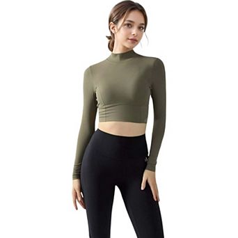 Women's Long Sleeve Crop Top with Open Back and High Neck