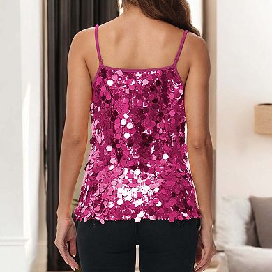 Women's Sequin Spaghetti Strap Tank Top with Iridescent Disc Accents