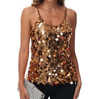 Women's Sequin Spaghetti Strap Tank Top with Iridescent Disc Accents