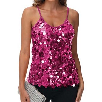 Women's Sequin Spaghetti Strap Tank Top with Iridescent Disc Accents
