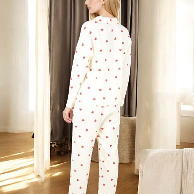 Women's Button-Up Pajama Set with Heart Print and Notched Collar