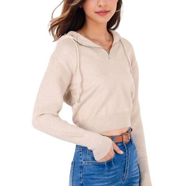 Women's Cropped Knit Hoodie with Zip Neck and Ribbed Detailing