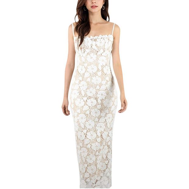 Women's Floral Lace Maxi Dress with Spaghetti Straps and Scalloped Hem