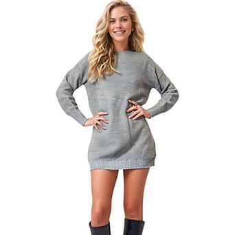 Women's Long Sleeve Knit Sweater Dress with Ribbed Hem and Cuffs