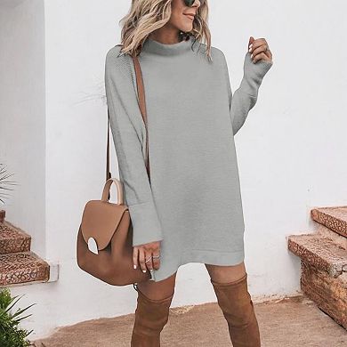 Women's Long Sleeve Knit Sweater Dress with Ribbed Hem and Cuffs
