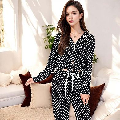 Women's Polka Dot Long Sleeve Pajama Set with Button-Up Top and Drawstring Pants