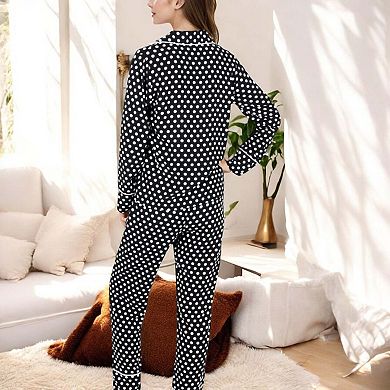 Women's Polka Dot Long Sleeve Pajama Set with Button-Up Top and Drawstring Pants