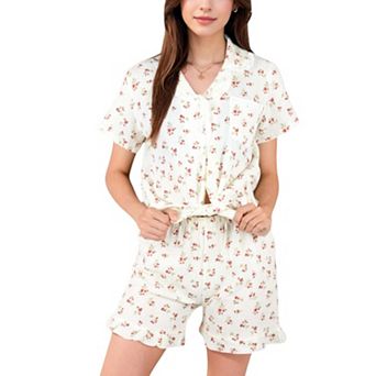 Women's Short Sleeve Floral Pajama Set with Button-Front and Ruffle Hem