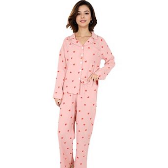 Women's Button-Up Pajama Set with Heart Print and Notched Collar