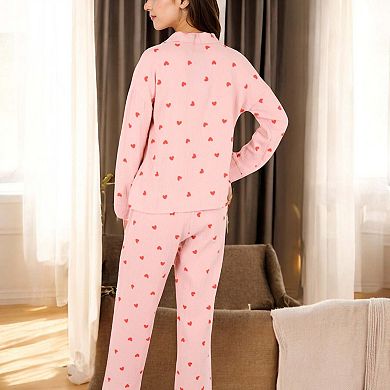Women's Button-Up Pajama Set with Heart Print and Notched Collar