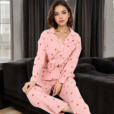 Women's Button-Up Pajama Set with Heart Print and Notched Collar