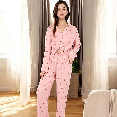 Women's Button-Up Pajama Set with Heart Print and Notched Collar
