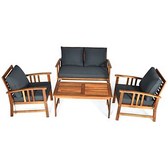 4 pc Wooden Patio Sofa Chair Set With Cushion