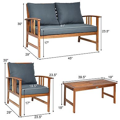 4 Pieces Wooden Patio Sofa Chair Set With Cushion