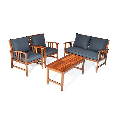 4 Pieces Wooden Patio Sofa Chair Set With Cushion