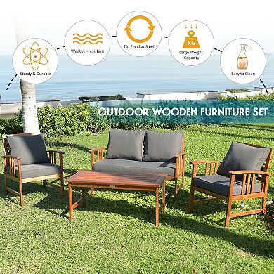 4 Pieces Wooden Patio Sofa Chair Set With Cushion