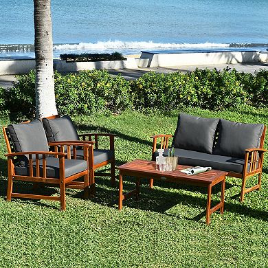 4 Pieces Wooden Patio Sofa Chair Set With Cushion