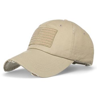 Distressed Cotton Baseball Cap with Embroidered Flag Patch