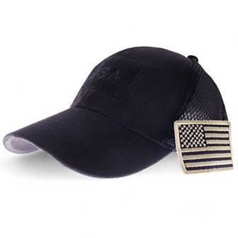 Distressed Cotton Baseball Cap with Embroidered Flag Patch