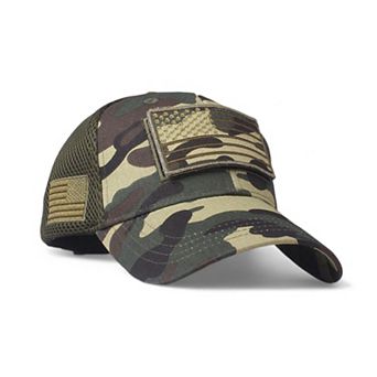 Distressed Cotton Baseball Cap with Embroidered Flag Patch
