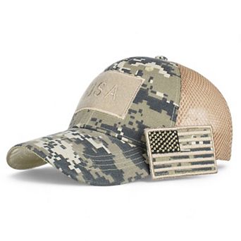 Distressed Cotton Baseball Cap with Embroidered Flag Patch
