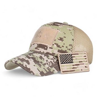 Distressed Cotton Baseball Cap with Embroidered Flag Patch