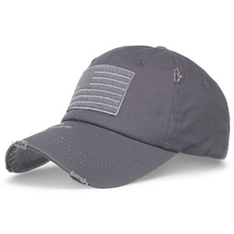 Distressed Cotton Baseball Cap with Embroidered Flag Patch