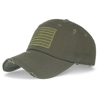 Distressed Cotton Baseball Cap with Embroidered Flag Patch