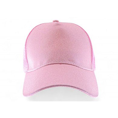 Glitter Mesh Trucker Hat with Ponytail Slot and Adjustable Strap