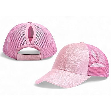 Glitter Mesh Trucker Hat with Ponytail Slot and Adjustable Strap