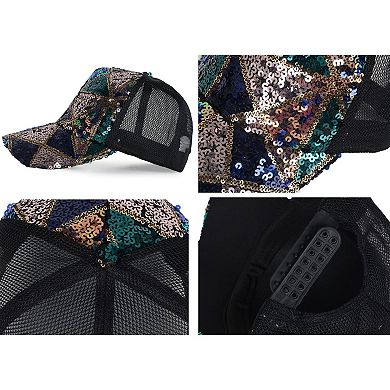 Glitter Mesh Trucker Hat with Ponytail Slot and Adjustable Strap