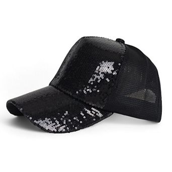 Glitter Mesh Trucker Hat with Ponytail Slot and Adjustable Strap