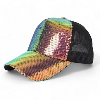 Glitter Mesh Trucker Hat with Ponytail Slot and Adjustable Strap